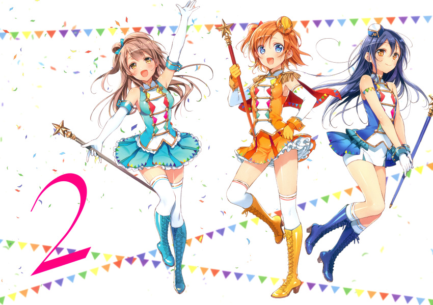 3girls absurdres arm_up bangs bare_shoulders blue_eyes blue_footwear blue_hair blue_skirt blush boots bow breasts cross-laced_footwear elbow_gloves full_body gloves grey_hair hair_between_eyes hair_bow hat highres holding huge_filesize kousaka_honoka long_hair looking_at_viewer love_live! love_live!_school_idol_project medium_breasts minami_kotori mini_hat multiple_girls murakami_yuichi one_side_up open_mouth orange_footwear orange_hair scan short_hair skirt small_breasts smile sonoda_umi thigh-highs white_gloves white_legwear yellow_eyes