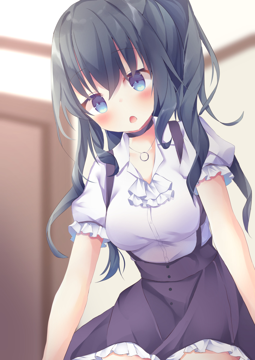 1girl :o absurdres bangs black_choker black_hair black_skirt blue_eyes blurry blurry_background blush breasts choker collared_shirt commentary_request depth_of_field door eyebrows_visible_through_hair frilled_skirt frills hair_between_eyes head_tilt highres jewelry looking_at_viewer medium_breasts necklace original parted_lips puffy_short_sleeves puffy_sleeves shirt short_sleeves skirt solo suspender_skirt suspenders tsuruse white_shirt
