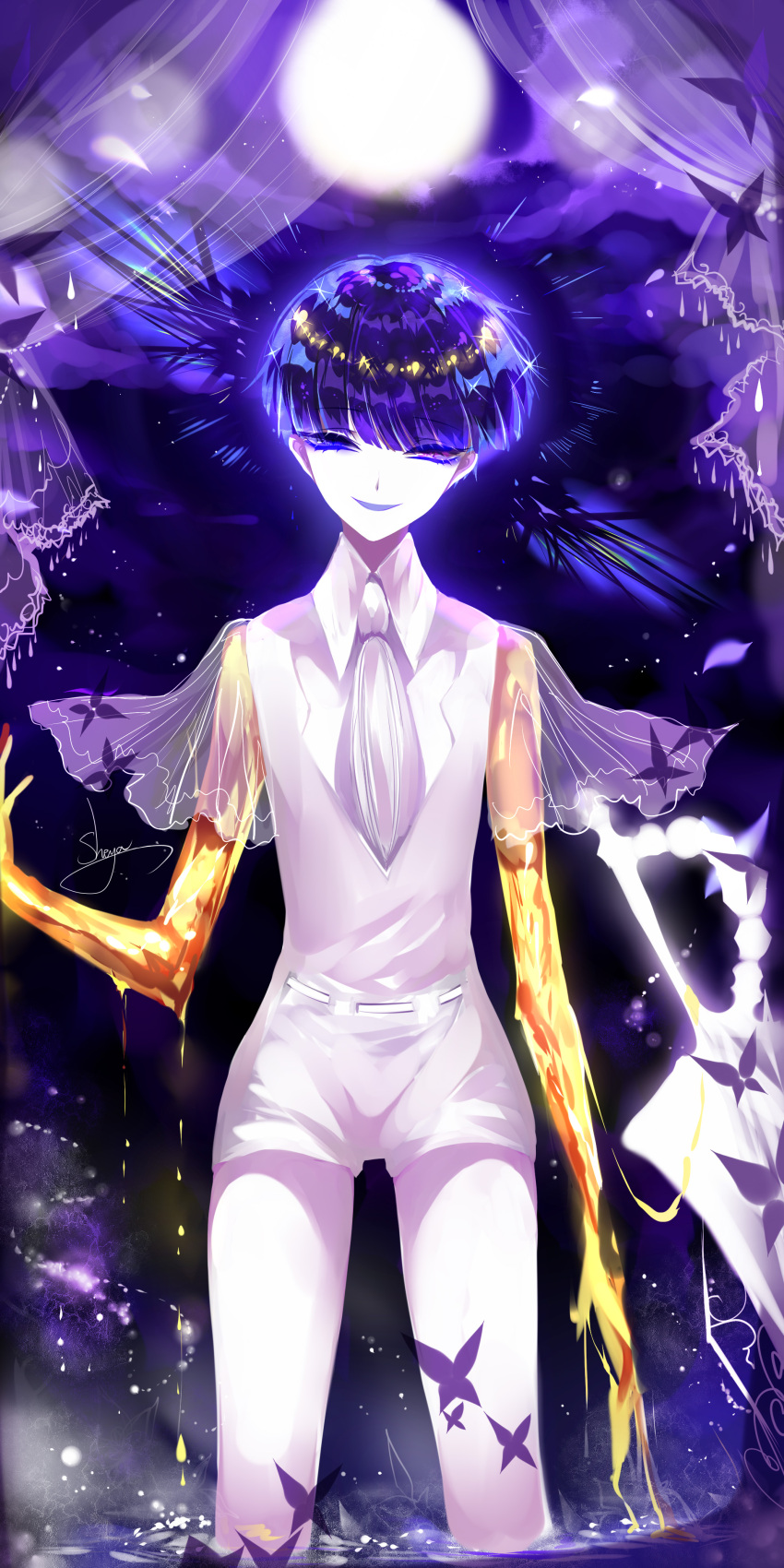 1other absurdres artist_name bangs blue_eyes blue_hair bug butterfly curtains eyebrows_visible_through_hair feet_out_of_frame gem_uniform_(houseki_no_kuni) golden_arms hand_up heterochromia highres houseki_no_kuni insect looking_at_viewer moon necktie open_mouth phosphophyllite_(ll) see-through sheya shirt short_hair short_shorts short_sleeves shorts signature smile solo sparkle spoilers standing very_short_hair violet_eyes white_neckwear white_shirt white_shorts wide_sleeves wing_collar