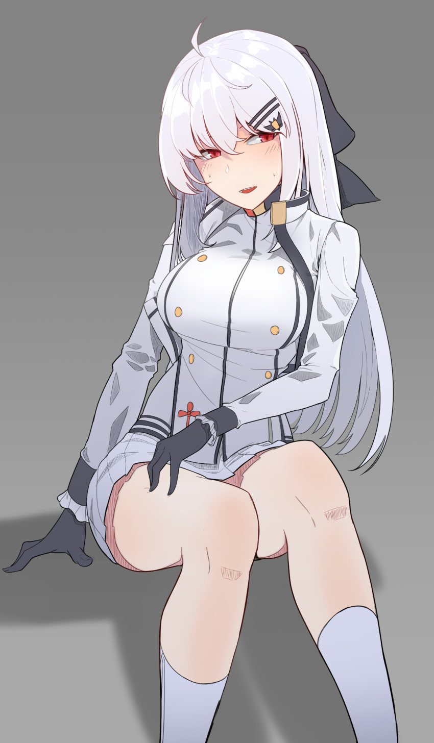 1girl ahoge bangs black_bow black_gloves black_ribbon blush bow breasts cropped_jacket frilled_sleeves frills girls_frontline gloves grey_background hair_between_eyes hair_ornament hair_ribbon hairclip highres iws-2000_(girls_frontline) jacket kneehighs long_hair long_sleeves looking_at_viewer military military_uniform open_mouth orn pleated_skirt red_eyes ribbon shirt sidelocks silver_hair simple_background sitting skirt smile solo sweat thighs uniform very_long_hair
