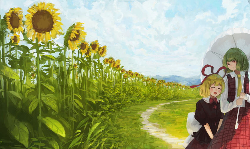 2girls ^_^ blonde_hair blue_sky bow bowtie closed_eyes clouds cowboy_shot day faux_traditional_media fjsmu flower garden_of_the_sun grass green_hair hair_ribbon highres holding holding_umbrella kazami_yuuka leaning_on_person long_sleeves looking_at_another looking_down medicine_melancholy mountain multiple_girls necktie open_clothes open_mouth open_vest outdoors path plaid plaid_skirt plaid_vest puffy_short_sleeves puffy_sleeves red_eyes red_neckwear red_shirt red_skirt ribbon road scenery shirt short_hair short_sleeves skirt sky smile sunflower touhou umbrella upper_body v_arms vest white_shirt yellow_neckwear
