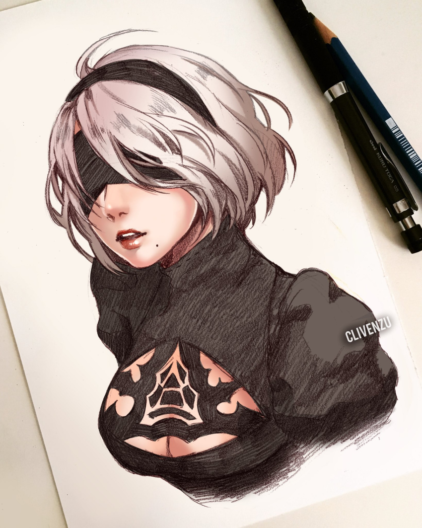 1girl android black_blindfold black_dress black_hairband blindfold breasts cleavage_cutout clivenzu commentary covered_eyes dress hairband highres juliet_sleeves long_sleeves mechanical_pencil medium_breasts mole mole_under_mouth nier_(series) nier_automata pencil puffy_sleeves red_lips silver_hair sketch traditional_media yorha_no._2_type_b