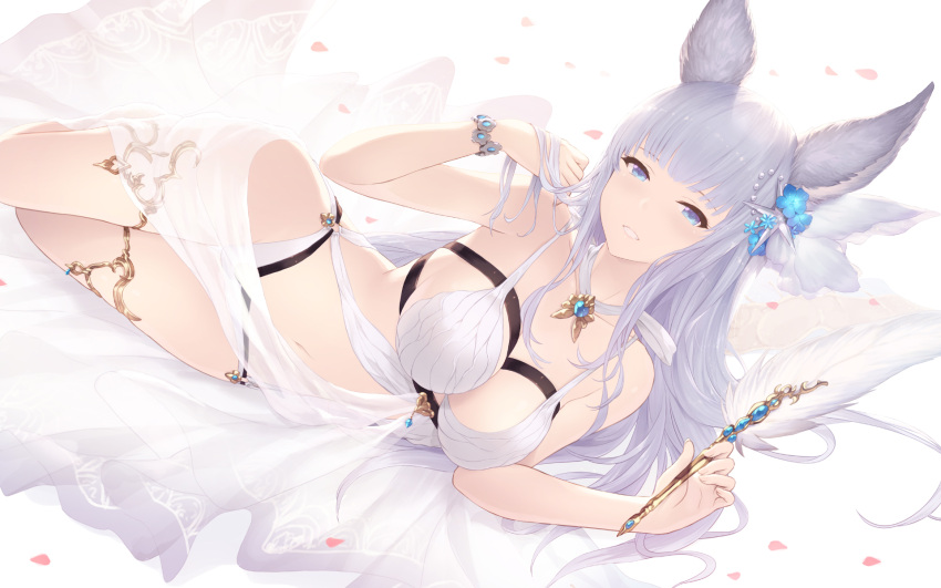 1girl animal_ears bangs blue_eyes blunt_bangs breasts cait cleavage commentary flower granblue_fantasy hair_flower hair_ornament highres holding korwa long_hair looking_at_viewer lying medium_breasts on_side parted_lips quill see-through silver_hair solo swimsuit
