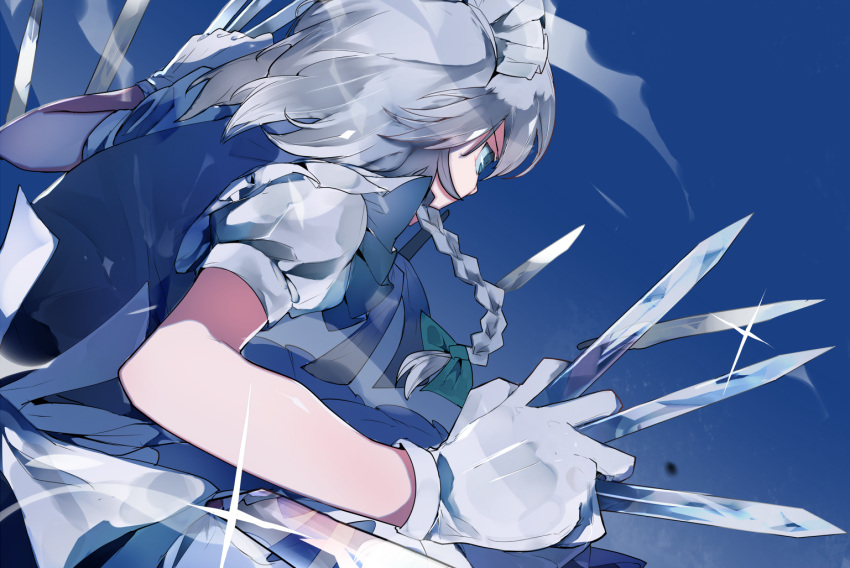 1girl blue_dress blue_eyes blue_neckwear blue_ribbon blue_sky bow braid clouds commentary_request dress from_behind gloves green_bow hair_bow holding holding_knife holding_weapon ikurauni izayoi_sakuya knife knives_between_fingers maid maid_headdress neck_ribbon puffy_short_sleeves puffy_sleeves ribbon short_hair short_sleeves silver_hair sky solo sparkle touhou upper_body weapon white_gloves