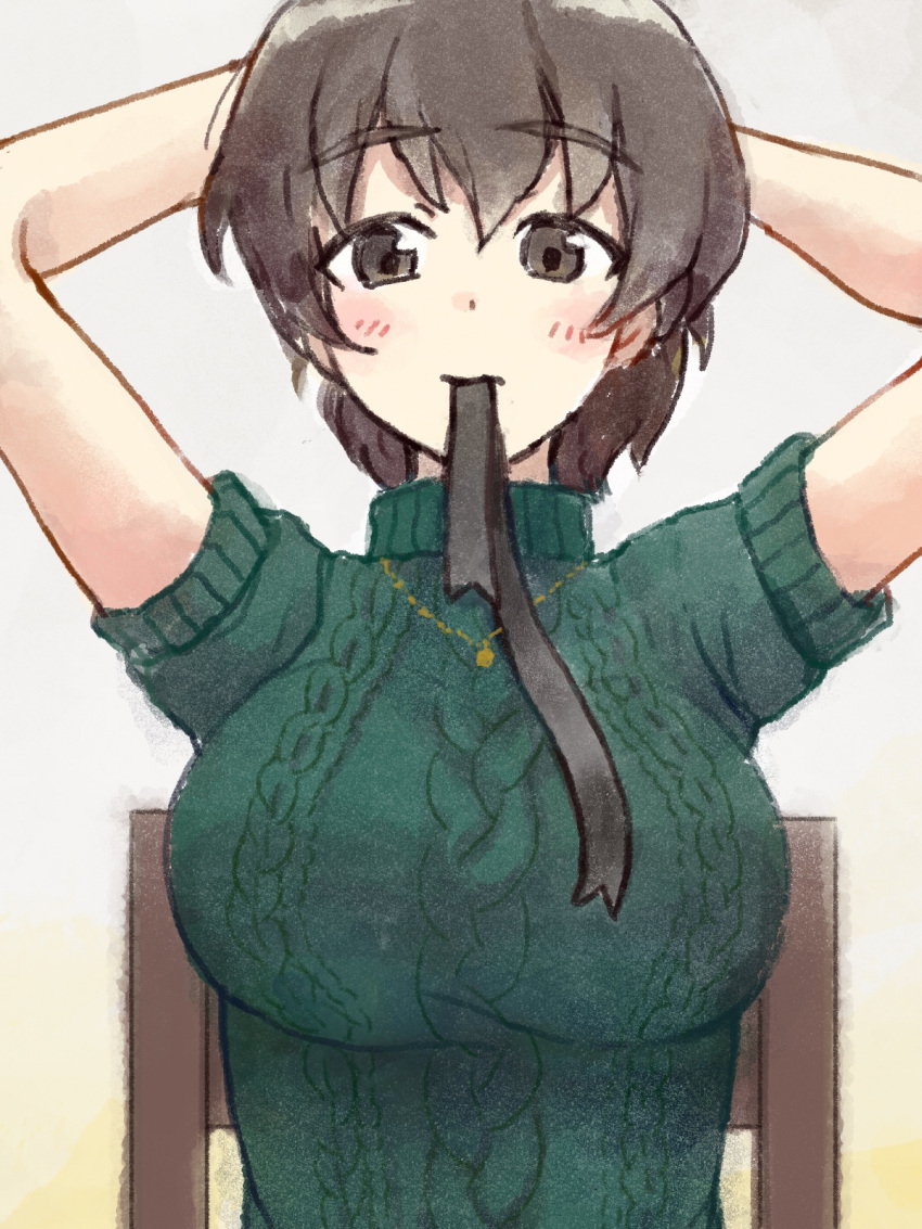 1girl bangs breasts brown_eyes brown_hair casual chair closed_mouth eyebrows_visible_through_hair girls_und_panzer green_sweater hair_ribbon hair_tie_in_mouth highres jewelry koyama_yuzu large_breasts looking_at_viewer mouth_hold necklace ribbed_sweater ribbon short_hair short_sleeves sitting solo sweater traditional_media tsunosame turtleneck upper_body
