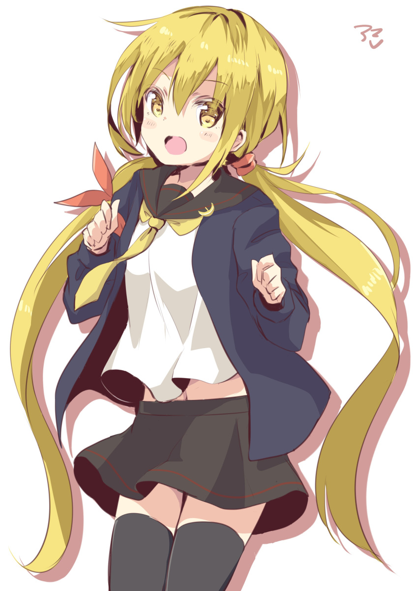 1girl absurdres amano_kouki armband black_legwear black_skirt blonde_hair blue_jacket cowboy_shot crescent crescent_moon_pin highres jacket kantai_collection long_hair long_sleeves looking_at_viewer low_twintails neckerchief open_mouth remodel_(kantai_collection) satsuki_(kantai_collection) school_uniform serafuku simple_background skirt smile solo thigh-highs twintails white_background white_neckwear yellow_eyes yellow_neckwear