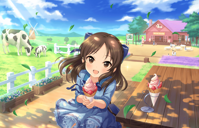 1girl :d animal artist_request blush bow brown_eyes brown_hair child clouds cow day dress food fruit hair_bow highres house ice_cream ice_cream_cone idolmaster idolmaster_cinderella_girls idolmaster_cinderella_girls_starlight_stage leaf long_hair looking_at_viewer open_mouth ribbon sky smile solo_focus strawberry tachibana_arisu waffle_cone wind windmill