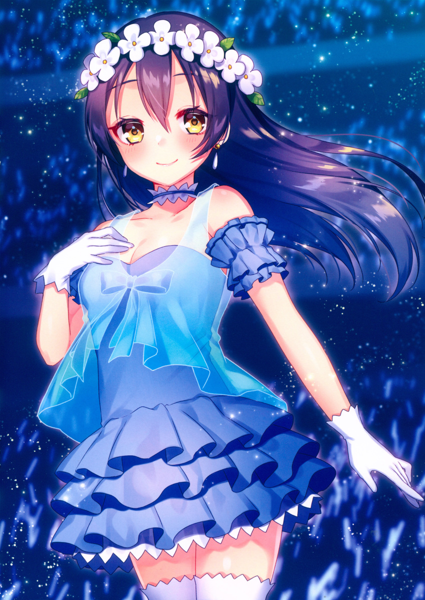 1girl absurdres bangs bare_shoulders blue_dress blue_hair blush breasts choker cowboy_shot dress earrings eyebrows_visible_through_hair flower gloves hair_between_eyes hair_ornament hand_on_own_chest head_wreath highres huge_filesize jewelry long_hair looking_at_viewer love_live! love_live!_school_idol_project moyui_(myi_005) scan small_breasts smile solo sonoda_umi thigh-highs white_gloves white_legwear yellow_eyes yume_no_tobira