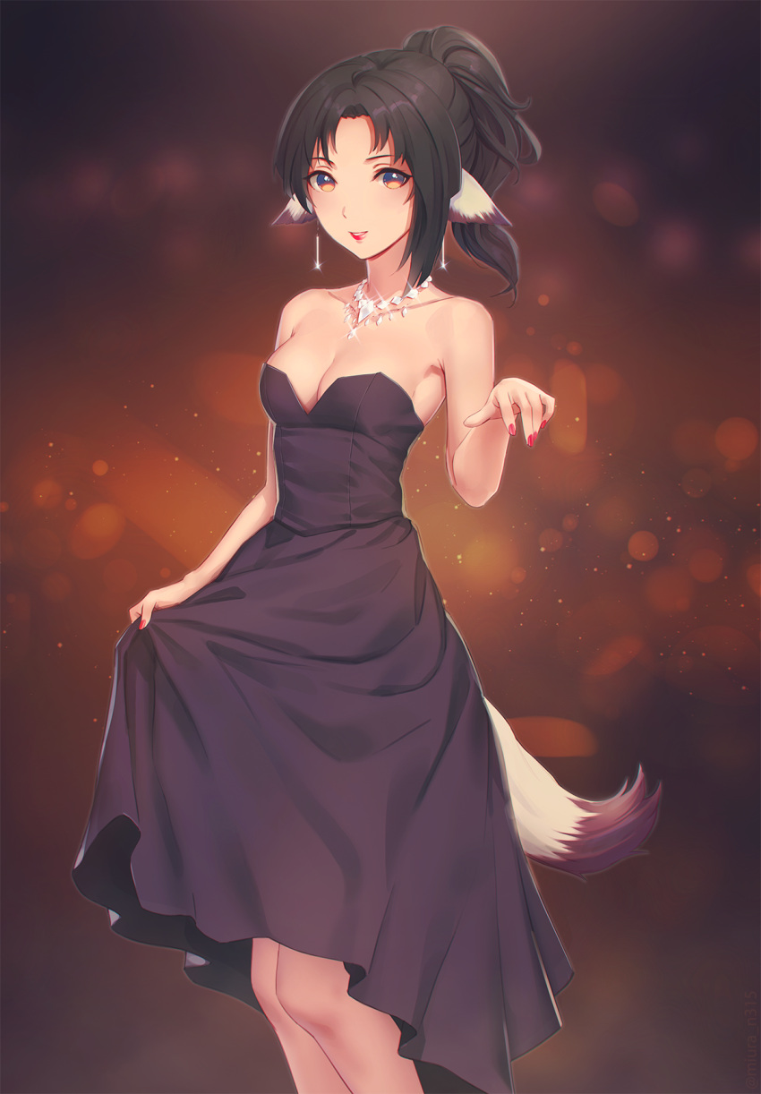 alternate_costume alternate_hairstyle animal_ears arm_up armpits bare_shoulders black_background black_dress black_hair breasts cleavage collarbone cropped_legs dress earrings eruruw feet_out_of_frame fingernails glint gradient gradient_background half_updo highres jewelry light_particles looking_at_viewer miura-n315 nail_polish necklace open_mouth orange_background orange_eyes parted_lips red_nails short_hair short_ponytail simple_background skirt_hold strapless strapless_dress tail utawareru_mono
