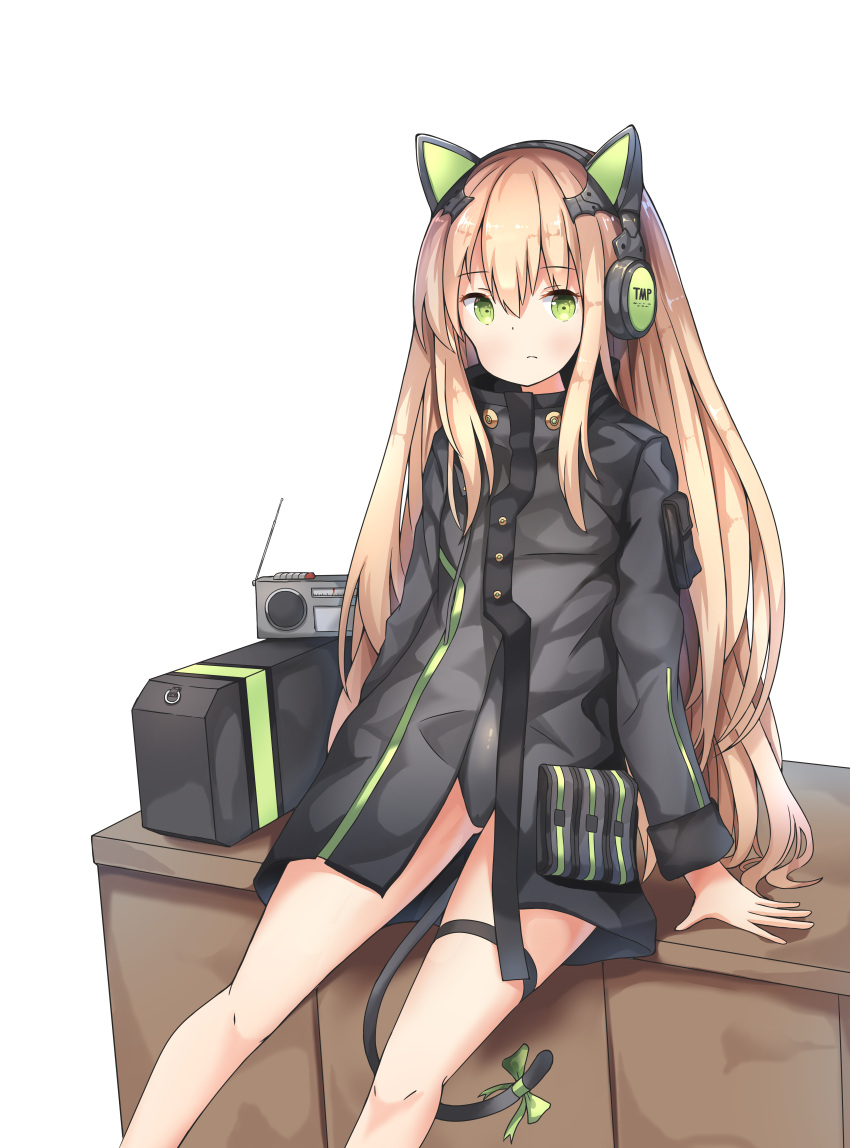 1girl absurdres animal_ears arm_support bangs black_jacket black_leotard blonde_hair blush bow cat_ear_headphones cat_ears cat_tail character_name closed_mouth eyebrows_visible_through_hair girls_frontline green_bow hair_between_eyes headphones highres jacket leotard leotard_under_clothes long_hair long_sleeves radio ruins sitting sobmarine solo tail tail_bow tmp_(girls_frontline) very_long_hair white_background