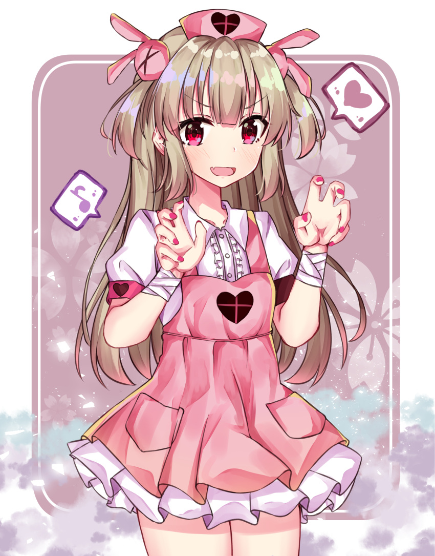 &gt;_&lt; 1girl :d absurdres april_fools apron armband bad_hands bangs blush bunny_hair_ornament center_frills commentary cowboy_shot eighth_note eyebrows_visible_through_hair fang fingernails frills hair_between_eyes hair_ornament hands_up hat heart highres light_brown_hair long_hair looking_at_viewer musical_note nail_polish natori_sana norazura nurse_cap open_mouth pink_apron pink_hat pink_nails pleated_skirt puffy_short_sleeves puffy_sleeves red_eyes sana_channel shirt short_sleeves skirt smile solo spoken_heart spoken_musical_note two_side_up v-shaped_eyebrows very_long_hair virtual_youtuber white_shirt white_skirt