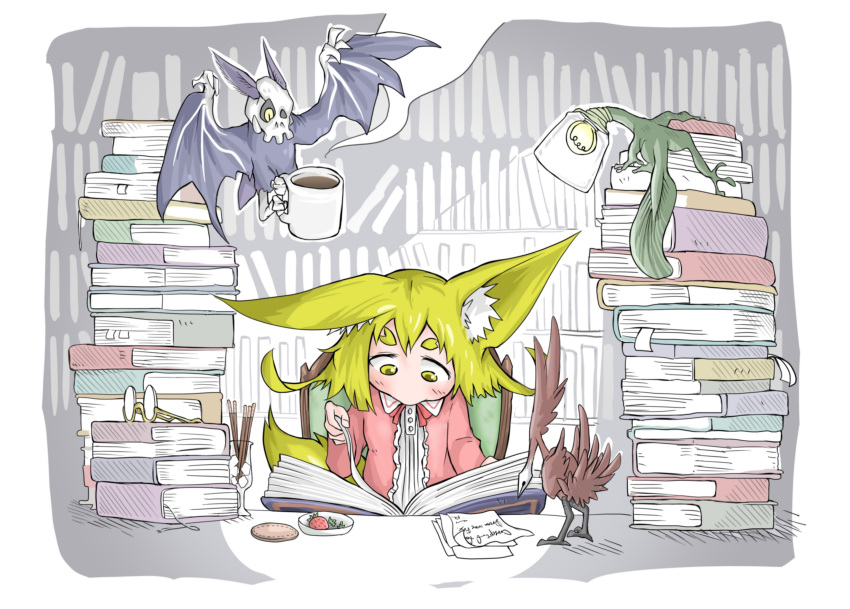 1girl animal_ears bat bird blonde_hair blush book bookmark bookshelf coffee coffee_mug cup doitsuken dress ear_down fantasy food fox_child_(doitsuken) fox_ears fox_tail glass glasses hand_up highres ice ice_cube lamp library long_sleeves looking_down mug neck_ribbon open_book original pink_dress pocky quill reading red_neckwear red_ribbon ribbon semi-rimless_eyewear short_hair sitting skull solo steam tail thick_eyebrows turning_page under-rim_eyewear yellow_eyes