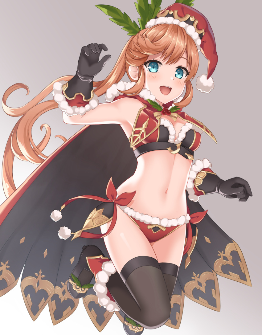 1girl black_gloves black_legwear bra breasts brown_hair cape capelet christmas clarisse_(granblue_fantasy) cleavage full_body fur-trimmed_boots fur-trimmed_gloves fur_trim gloves granblue_fantasy green_eyes grey_background hat highres holly hooded_cape jumping kurisu-kun long_hair medium_breasts mistletoe navel open_mouth panties ponytail red_bra red_cape red_footwear red_hat red_panties santa_hat smile solo thigh-highs underwear very_long_hair