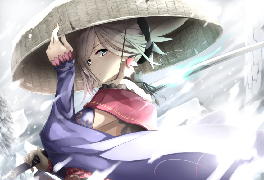 1girl blonde_hair blue_eyes commentary_request detached_sleeves earrings eyebrows_visible_through_hair fate/grand_order fate_(series) from_side fuu_(fuore) hair_ornament hand_on_headwear hand_up hat highres holding holding_sword holding_weapon japanese_clothes jewelry kimono leaf long_sleeves long_sword looking_at_viewer looking_to_the_side maple_leaf miyamoto_musashi_(fate/grand_order) over_shoulder parted_lips short_hair snowing solo standing sword weapon weapon_over_shoulder