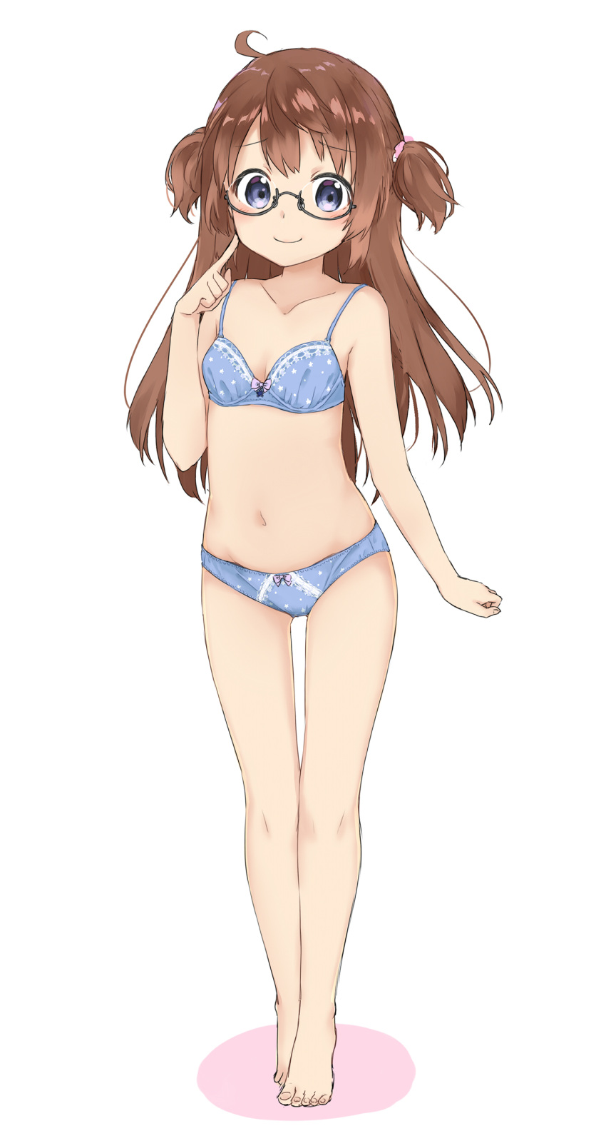 1girl absurdres ahoge bare_arms bare_legs bare_shoulders barefoot black-framed_eyewear blue_bra blue_eyes blue_panties blush bow bow_bra bow_panties bra breasts brown_hair closed_mouth collarbone commentary_request fingernails full_body highres long_hair looking_at_viewer navel original panties sekira_ame semi-rimless_eyewear small_breasts smile solo standing toenails two_side_up under-rim_eyewear underwear underwear_only very_long_hair white_background