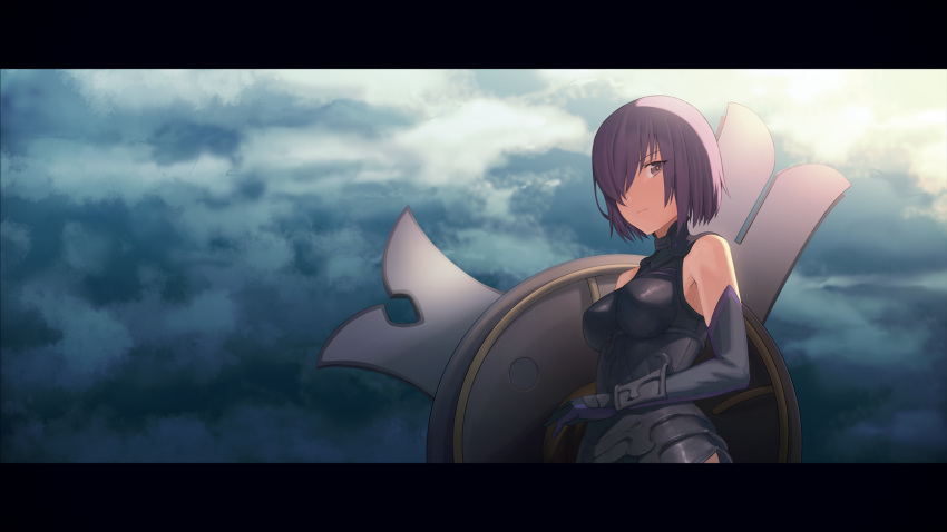 1girl bare_shoulders bodysuit breasts clouds cloudy_sky elbow_gloves erubesuto fate/grand_order fate_(series) gloves hair_over_one_eye highres letterboxed looking_at_viewer mash_kyrielight medium_breasts pixiv_fate/grand_order_contest_1 purple_hair short_hair sky solo violet_eyes