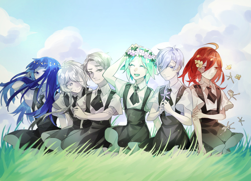 6+others :d ahoge androgynous antarcticite aqua_hair arm_up artist_request blue_eyes blue_hair blue_sky cairngorm_(houseki_no_kuni) closed_eyes clouds colored_eyelashes crossed_arms day facing_viewer flower gem_uniform_(houseki_no_kuni) ghost_quartz_(houseki_no_kuni) grass green_hair grey_eyes grey_eyes grey_hair group_picture hair_between_eyes hair_flower hair_ornament hair_over_one_eye hand_in_hair happy head_wreath highres hime_cut holding holding_flower houseki_no_kuni lapis_lazuli_(houseki_no_kuni) long_bangs long_hair medium_hair mercury multiple_others necktie open_mouth outdoors phosphophyllite raised_eyebrow red_eyes redhead scenery shinsha_(houseki_no_kuni) short_hair silver_hair sitting sky smile sparkle suspenders white_eyes white_hair white_skin