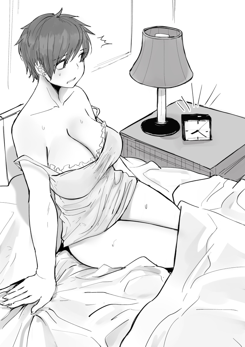 1girl absurdres alarm_clock bare_shoulders bed bed_sheet breasts cleavage clenched_teeth clock collarbone commentary doodle highres lampshade large_breasts looking_to_the_side messy_hair nightgown nightstand norman_maggot ol-chan_(norman_maggot) original pillow pixie_cut short_hair sitting sketch sleepwear sleepy surprised sweatdrop teeth under_covers waking_up