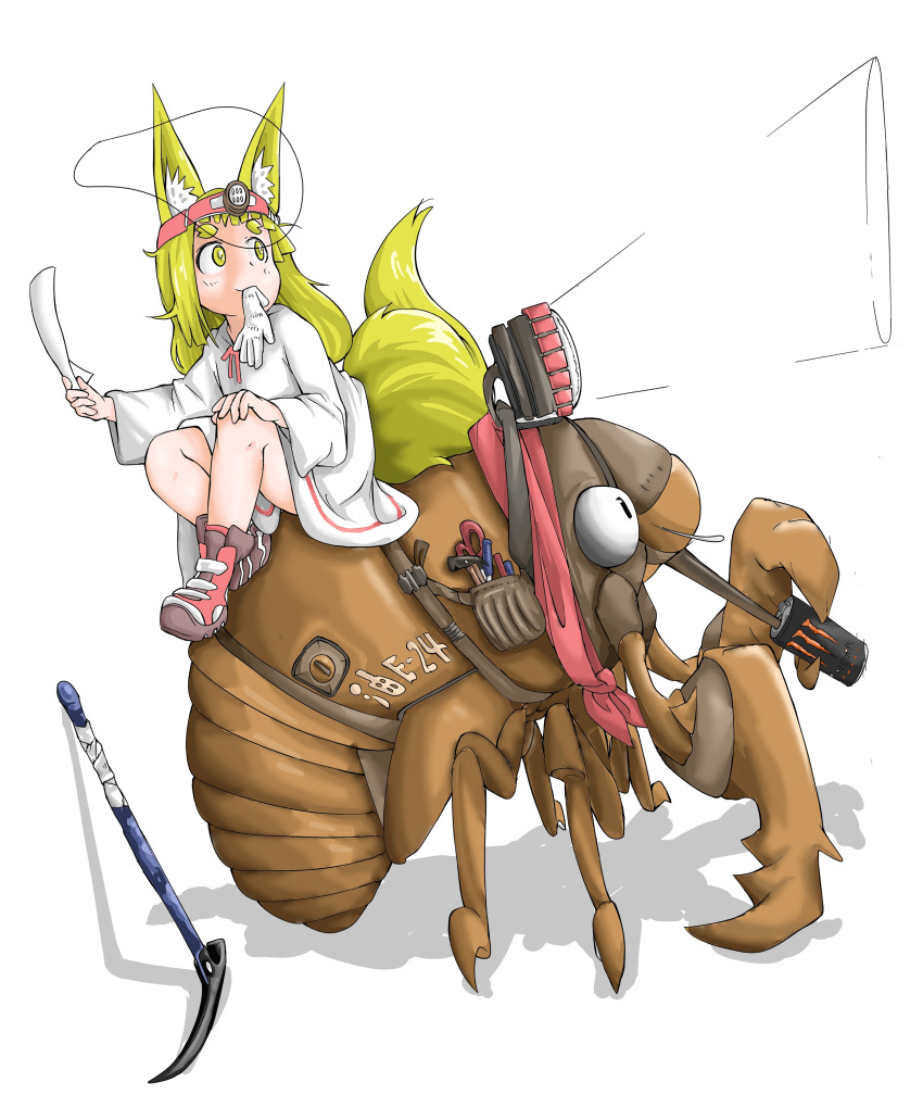 1girl absurdres animal animal_ears blonde_hair bug cicada closed_mouth clothed_animal doitsuken dress drinking fox_ears fox_tail from_side gloves headband headlight highres holding ice_pick insect long_hair monster_energy mouth_hold original oversized_animal pouch scissors shoes sitting smile socks solo tail white_dress