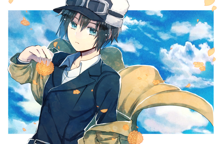 1girl :c androgynous aqua_eyes aqua_jacket beige_coat black_hat closed_mouth clouds coat collared_shirt commentary_request expressionless flower fur_hat goggles goggles_on_headwear hair_between_eyes hat holding holding_flower jacket kanasiinezimakineko kino kino_no_tabi long_sleeves looking_at_viewer orange_flower partial_commentary petals shirt shirt_under_jacket short_hair solo upper_body white_border white_shirt wind