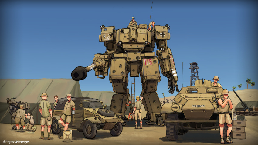 6+boys absurdres armored_personnel_carrier armored_vehicle artillery commentary commentary_request desert ground_vehicle gun highres iron_cross jerry_can machine_gun matsunaga_maguro mecha multiple_boys original palm_tree robot signature smoking tent tree twitter_username weapon