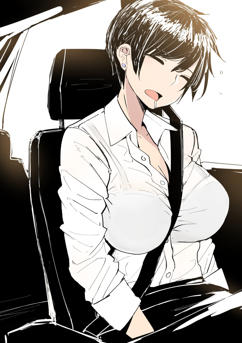 1girl absurdres between_breasts bra breasts business_suit car car_interior cleavage closed_eyes collarbone collared_shirt commentary dress_shirt drooling earrings formal ground_vehicle highres jewelry large_breasts motor_vehicle norman_maggot office_lady ol-chan_(norman_maggot) open_mouth original pixie_cut saliva seatbelt shirt short_hair sitting sleeping sleepy sleeves_rolled_up solo suit underwear