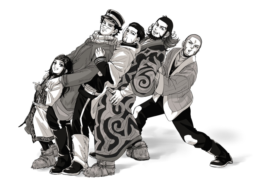 1girl 4boys ainu ainu_clothes asirpa bandanna beard black_hair boots cloak coat earrings facial_hair facial_scar fingerless_gloves fur_boots gloves golden_kamuy greyscale grin hat highres hood hooded_cloak hoop_earrings index_finger_raised jewelry kaeru_(8593883) kiroranke leaning_back long_hair military military_hat military_uniform monochrome multiple_boys ogata_hyakunosuke open_mouth pants pose scar scarf shiraishi_yoshitake short_hair simple_background smile sugimoto_saichi uniform white_background