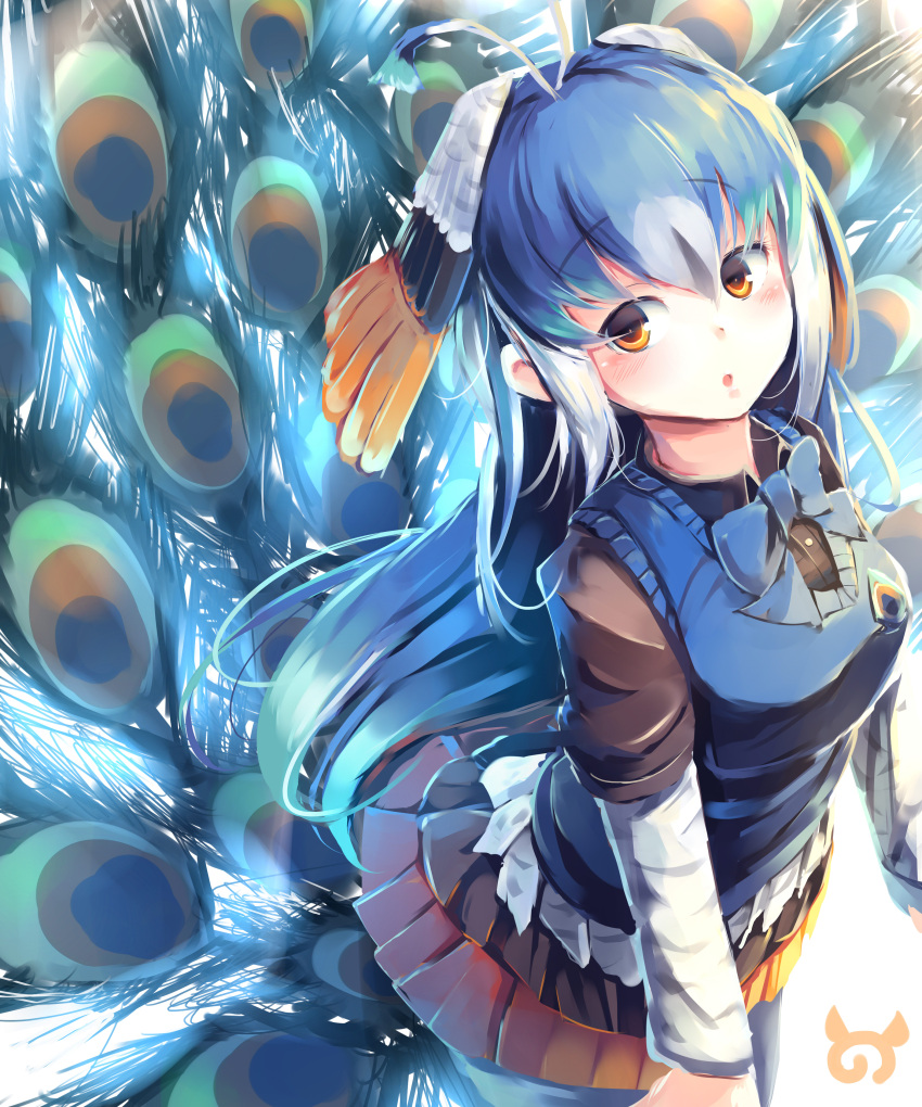 1girl absurdres antenna_hair blue_hair blue_neckwear blush bow bowtie commentary eyebrows_visible_through_hair hair_between_eyes head_wings highres japari_symbol kanzakietc kemono_friends long_hair looking_at_viewer multicolored_hair open_mouth orange_eyes peacock_feathers peafowl_(kemono_friends) pleated_skirt skirt solo white_hair