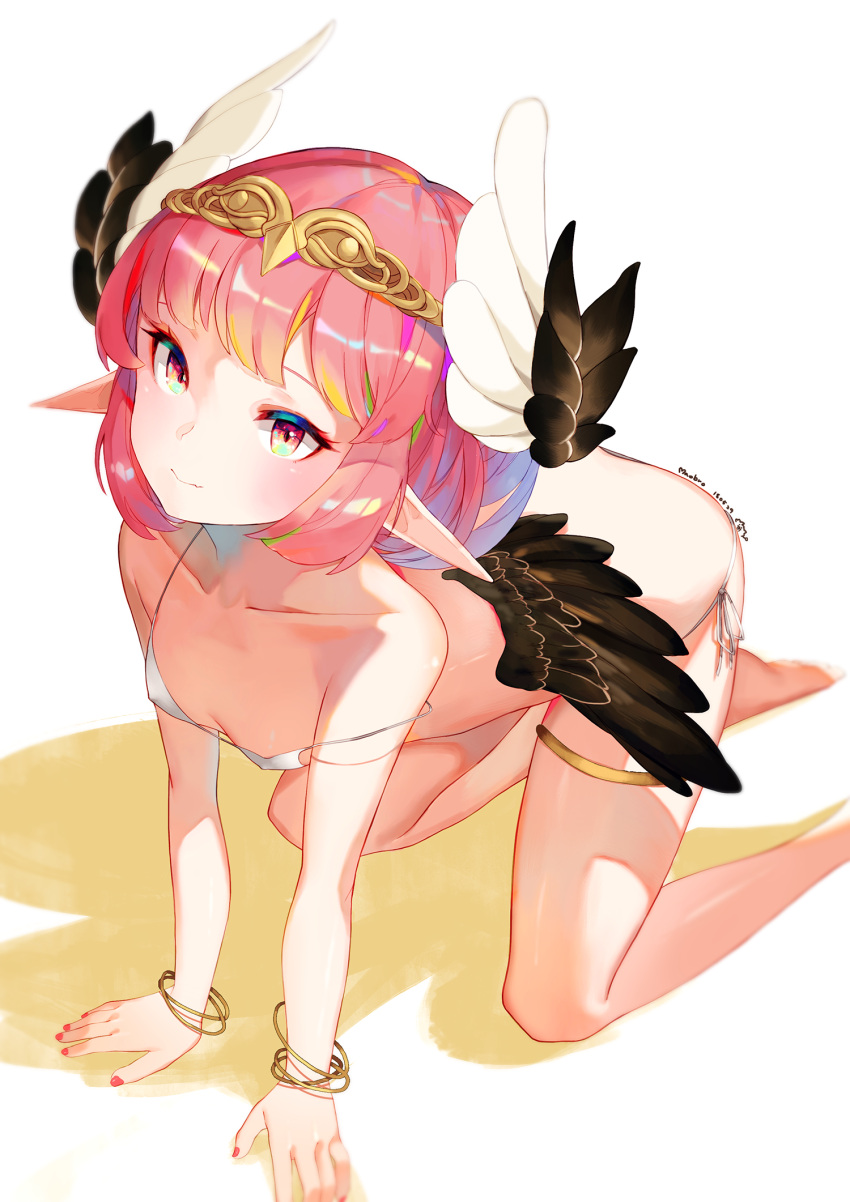 1girl all_fours bangs barefoot bikini black_wings blurry bracelet circe_(fate/grand_order) closed_mouth collarbone commentary_request depth_of_field erect_nipples fang fate/grand_order fate_(series) feathered_wings head_wings highres jewelry leglet looking_at_viewer mao_ge micro_bikini nail_polish pink_eyes pink_hair pink_nails pointy_ears short_hair side-tie_bikini side-tie_bottom solo strap_slip swimsuit tiara white_bikini wings