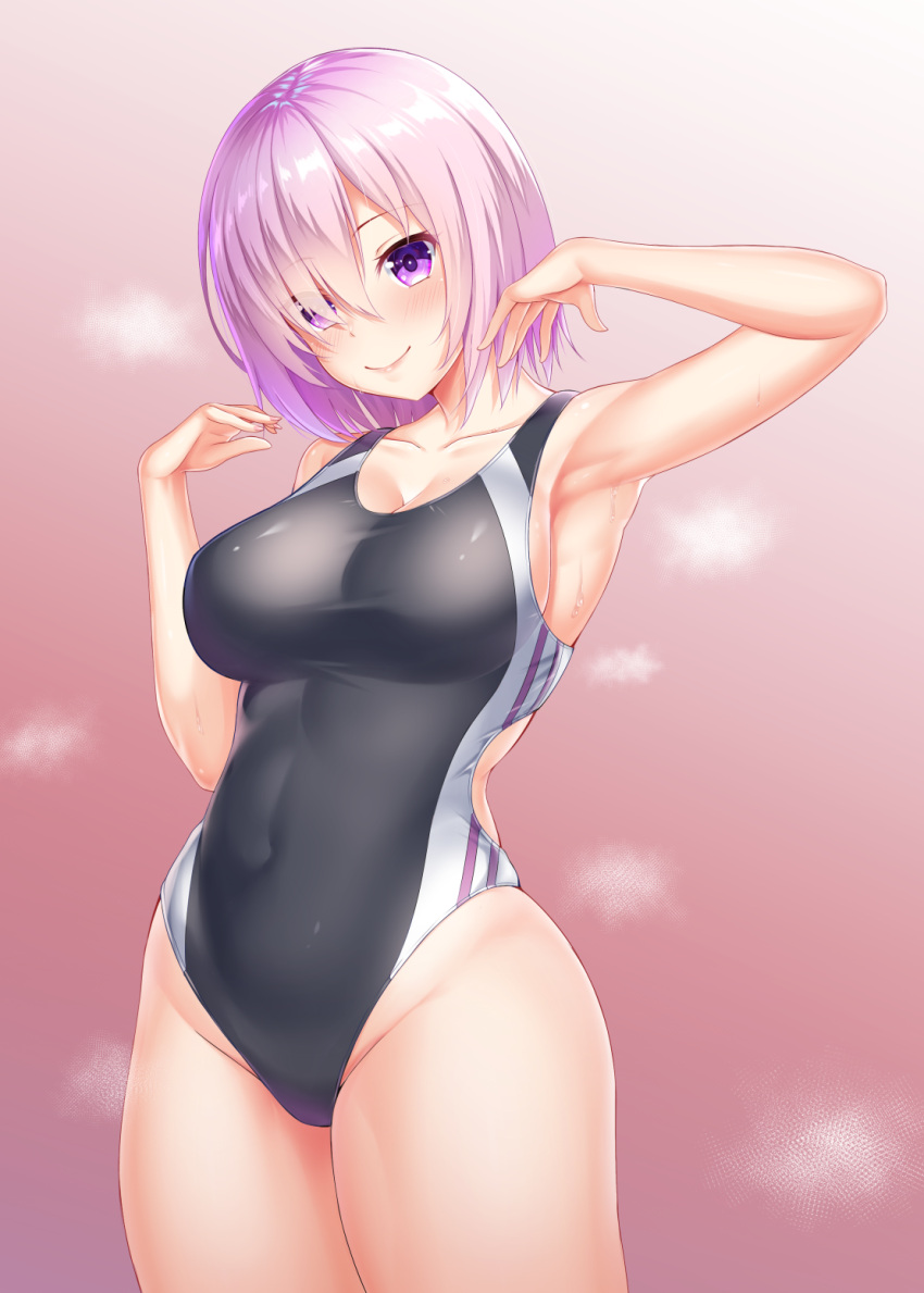 1girl black_swimsuit competition_swimsuit covered_navel cowboy_shot eyes_visible_through_hair fate/grand_order fate_(series) gradient gradient_background hair_over_one_eye highres mash_kyrielight one-piece_swimsuit pink_background purple_hair short_hair solo standing swimsuit violet_eyes zuizhong