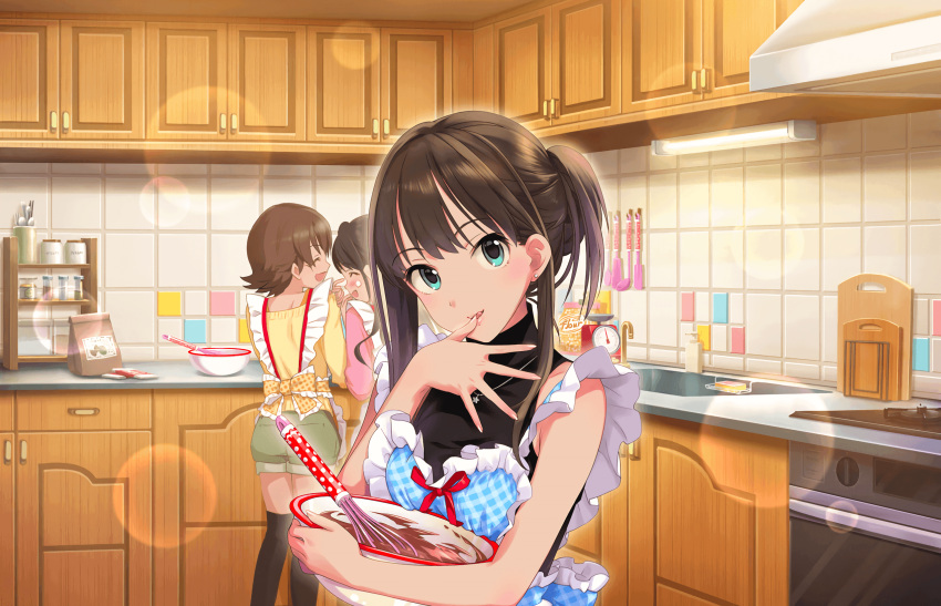 3girls alternate_hairstyle apron black_hair black_legwear bow chocolate chocolate_making cooking earrings finger_licking folded_ponytail food food_on_face frilled_apron frills green_eyes green_shorts hands highres holding honda_mio idolmaster idolmaster_cinderella_girls idolmaster_cinderella_girls_starlight_stage jewelry kitchen kitchen_scale licking long_hair looking_at_viewer mixing_bowl multiple_girls official_art oven pendant plaid ponytail pure_valentine_(idolmaster) red_bow red_ribbon ribbon shibuya_rin shimamura_uzuki shorts sidelocks sleeveless sleeveless_turtleneck thigh-highs tongue turtleneck valentine weighing_scale whisk