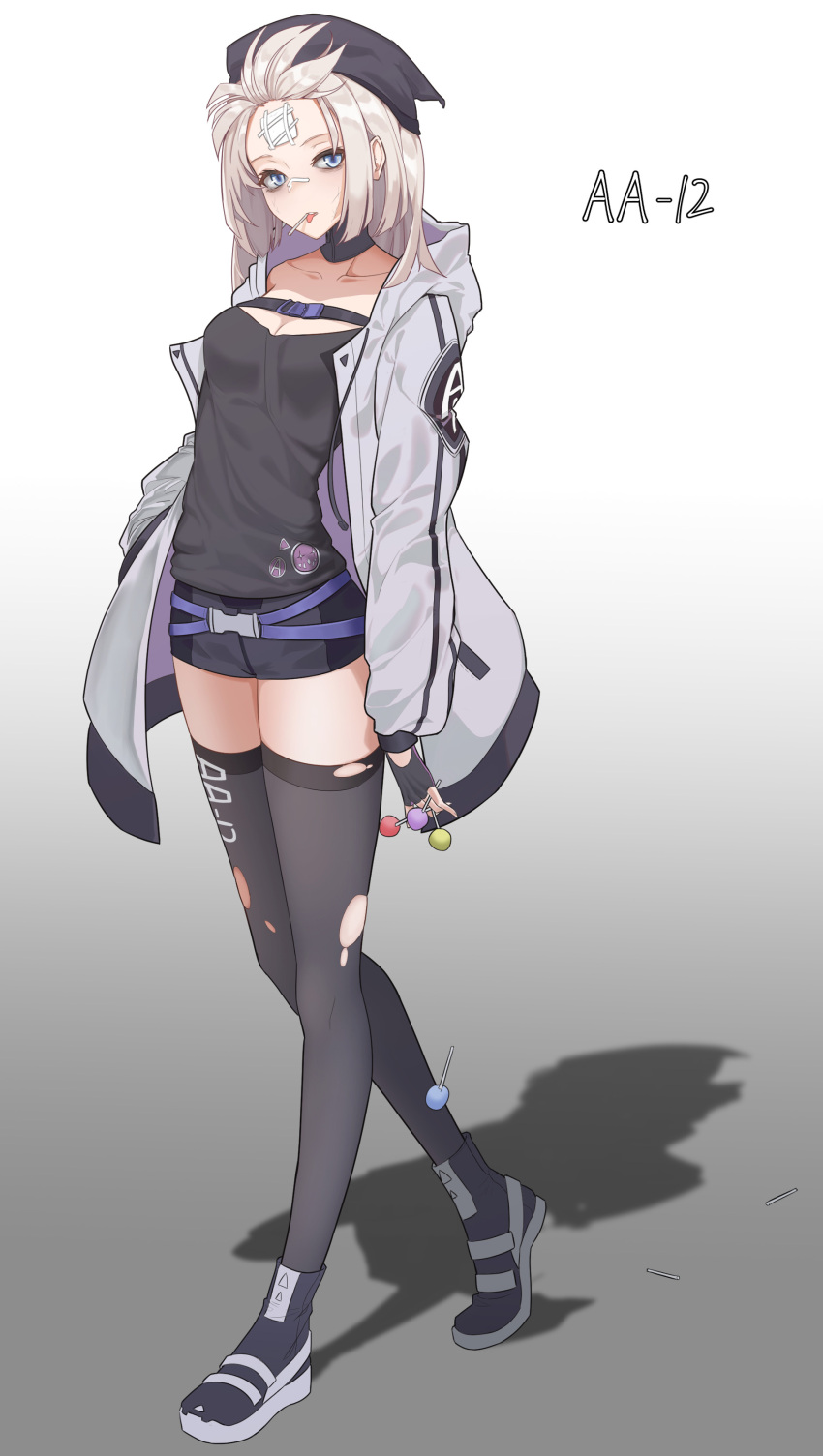 1girl aa-12_(girls_frontline) absurdres ahoge ankle_boots baggy_clothes bags_under_eyes bandaid bandaid_on_nose bangs black_gloves black_legwear blue_eyes boots breasts buckle candy character_name choker clothes_writing coat collarbone detached_collar dropping fingerless_gloves food full_body gauze girls_frontline gloves gradient gradient_background hair_ornament head_tilt highres holding holding_food injury lollipop long_hair looking_at_viewer medium_breasts mid-stride mouth_hold open_clothes open_coat orn short_shorts shorts sidelocks silver_hair simple_background star star_hair_ornament strap sweater thigh-highs tongue tongue_out torn_clothes unbuckled_belt walking