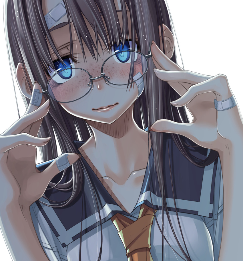 1girl backlighting bandaid bandaid_on_face bandaid_on_finger bandaid_on_forehead bangs blue_eyes blush brown_hair collarbone commentary_request face freckles glasses hands highres lips long_hair looking_at_viewer original removing_eyewear revision sakuya_tsuitachi school_uniform serafuku solo
