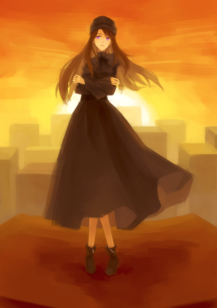 1girl absurdres bow brown_hair evening hands_on_shoulders hat highres ho-c6h4-oh julie_(ultraman_cosmos) long_hair open_mouth sky solo standing sun sunrise sunset ultra_series ultraman_cosmos_(series) violet_eyes