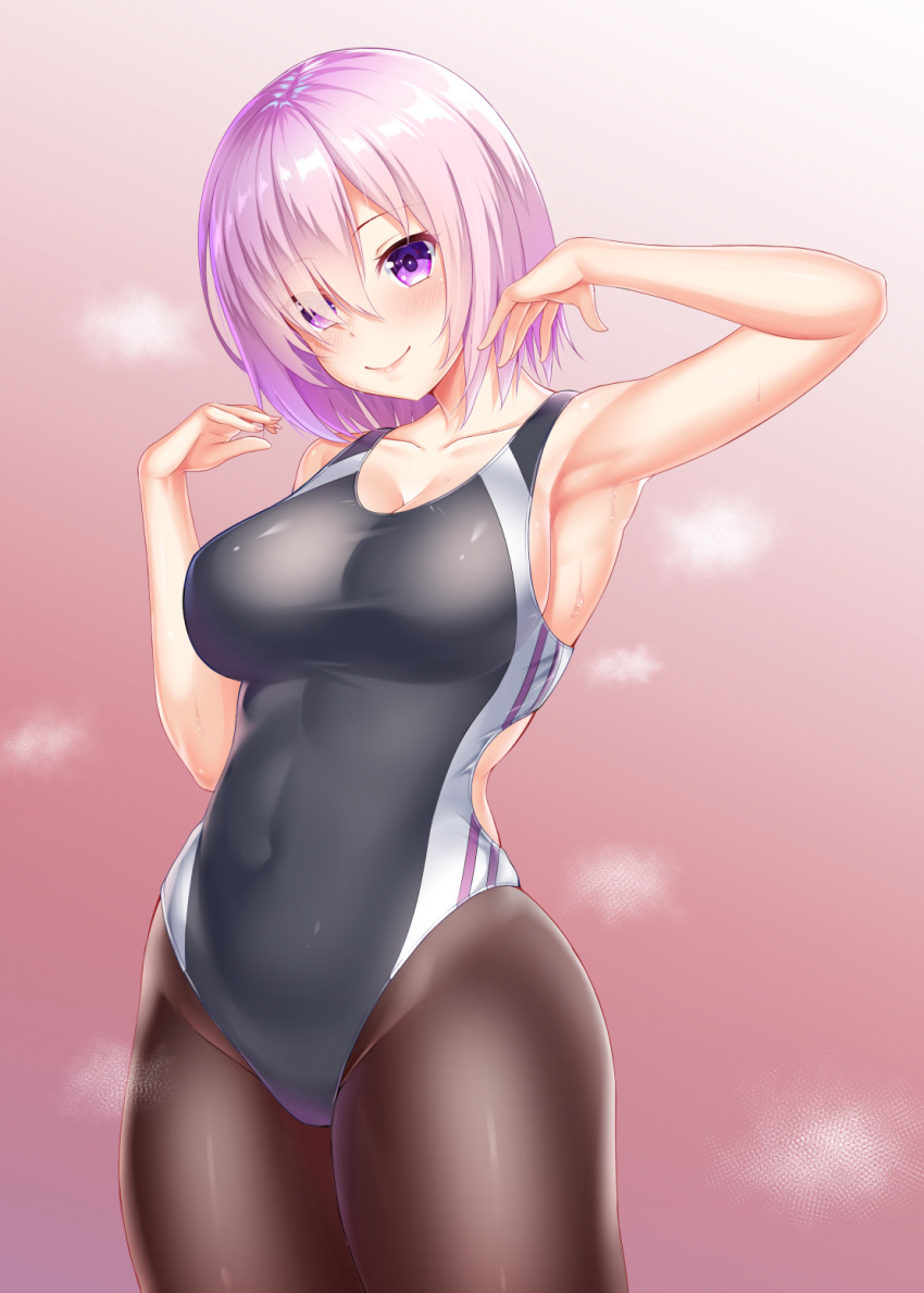 1girl black_legwear black_swimsuit competition_swimsuit covered_navel cowboy_shot eyes_visible_through_hair fate/grand_order fate_(series) gradient gradient_background hair_over_one_eye highres mash_kyrielight one-piece_swimsuit pantyhose pantyhose_under_swimsuit pink_background purple_hair short_hair solo standing swimsuit violet_eyes zuizhong