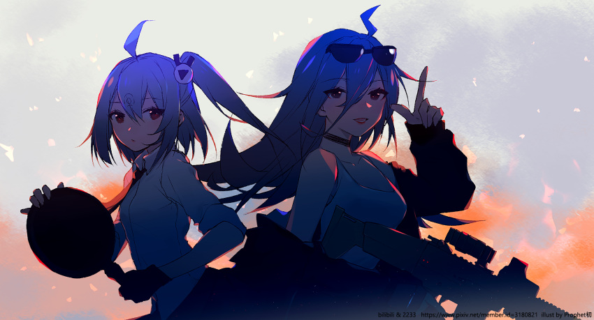 2girls ahoge arm_up bangs bili_girl_22 bili_girl_33 bilibili_douga black_gloves black_jacket blue_hair closed_mouth collarbone collared_shirt eyebrows_visible_through_hair fingernails frying_pan gloves gun hair_between_eyes hair_ornament highres holding holding_gun holding_weapon index_finger_raised jacket long_hair long_sleeves looking_at_viewer multiple_girls one_side_up parted_lips playerunknown's_battlegrounds prophet_chu red_eyes shirt short_sleeves single_glove sleeves_past_wrists tank_top very_long_hair weapon weapon_request white_shirt white_tank_top