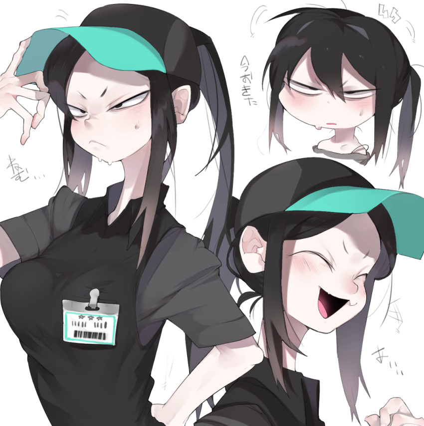 1girl :d ^_^ bangs baseball_cap black_eyes black_hair black_hat black_vest blush breasts closed_eyes closed_mouth constricted_pupils frown g_perarikku grey_shirt hair_between_eyes hand_on_headwear hand_on_hip hat large_breasts long_hair messy_hair name_tag open_mouth original pale_skin parted_bangs ponytail sanpaku shirt short_sleeves sidelocks simple_background smile solo sweat tongue translated v-shaped_eyebrows vest white_background