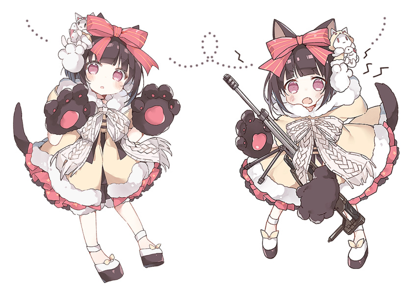 1girl :o animal_ears blush bow brown_hair dog_ears dog_girl dog_tail dress fang fur-trimmed_hood fur_trim girls_frontline gloves hair_bow hands_up head_tilt hood hood_down hooded_dress lightning_bolt looking_at_viewer m99_(girls_frontline) object_namesake open_mouth parted_lips paw_gloves paws platform_footwear red_bow shoes simple_background solo standing striped striped_bow tail tsuka violet_eyes white_background white_footwear yellow_dress zijiang_m99