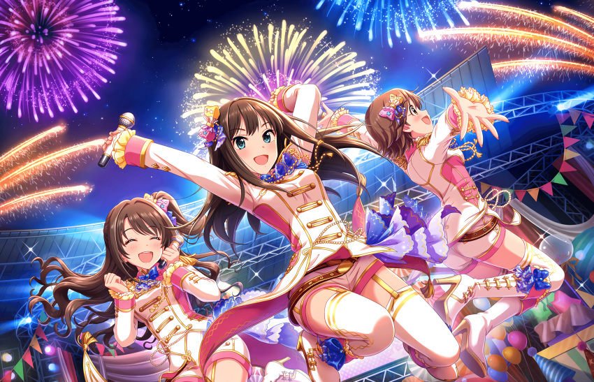 3girls :d aiguillette ass blue_bow blue_eyes boot_bow boots bow brown_eyes brown_hair closed_eyes concert epaulettes fireworks garter_straps hair_bow happy_new_yeah!_(idolmaster) happy_valentine high_heel_boots high_heels highres honda_mio idolmaster idolmaster_cinderella_girls idolmaster_cinderella_girls_starlight_stage jumping long_hair multicolored_bow multiple_girls official_art open_mouth outstretched_arms profile shibuya_rin shimamura_uzuki short_hair short_shorts shorts side_ponytail smile spread_arms stadium streamers thigh-highs thigh_boots white_legwear white_shorts
