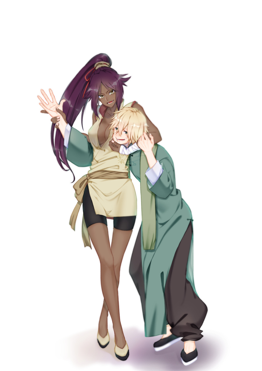 1boy 1girl absurdres bike_shorts bleach blonde_hair breasts cleavage dark_skin green_eyes headlock highres long_hair ponytail purple_hair shihouin_yoruichi urahara_kisuke wrist_grab yellow_eyes yokajyo_riakiru