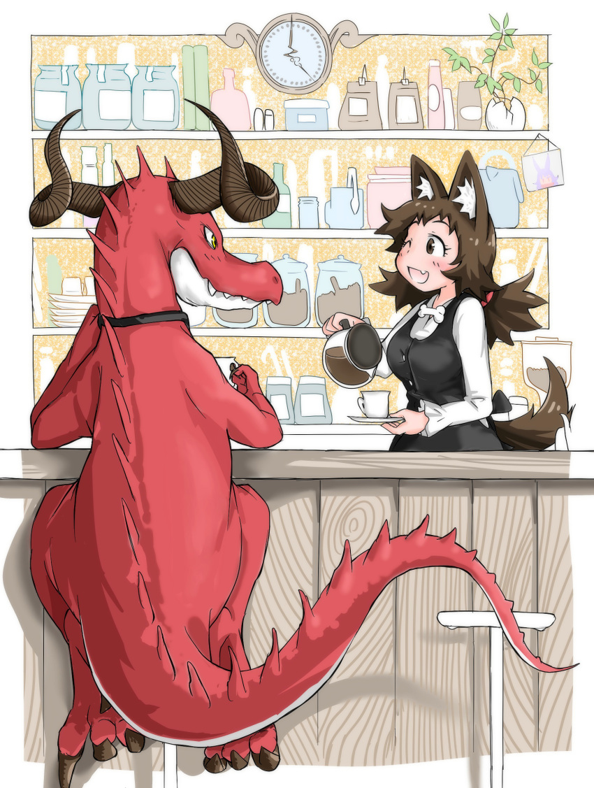 1girl :d animal_ears black_dress blush bottle cartoon_bone clock coffee commentary_request cup dog_ears dog_girl_(doitsuken) dog_tail doitsuken dragon dress egg eye_contact fang highres holding horns long_sleeves looking_at_another monster one_eye_closed open_mouth original plant pot potted_plant pub revision sitting smile stool tail teacup tray waitress wall_clock
