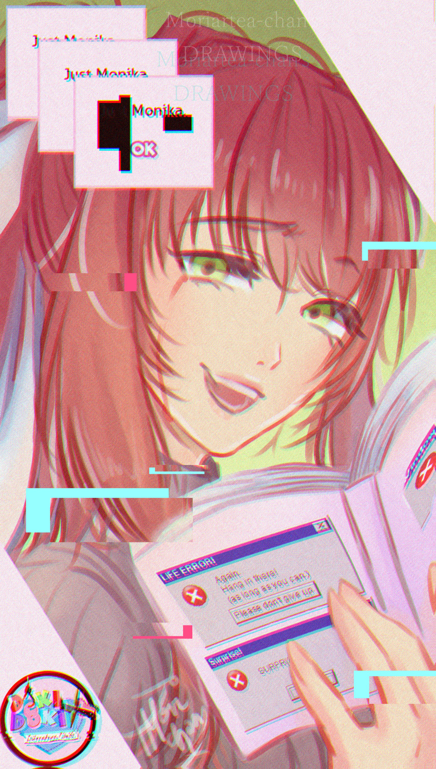 1girl :d absurdres artist_name book brown_hair chromatic_aberration commentary copyright_name doki_doki_literature_club english_commentary error_message eyebrows_visible_through_hair glitch green_eyes highres huge_filesize long_hair looking_at_viewer monika_(doki_doki_literature_club) moriartea-chan open_mouth ponytail smile solo tears upper_body