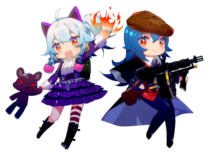 2girls ahoge animal_ears arm_up bangs beret bili_girl_22 bili_girl_33 bilibili_douga black_cape black_footwear black_jacket blue_hair blue_pants blush boots brown_hat cape cat_ears chibi closed_mouth collared_shirt fire formal gun hair_between_eyes hat highres holding holding_gun holding_stuffed_animal holding_weapon jacket knee_boots layered_skirt long_hair long_sleeves looking_at_viewer multiple_girls necktie one_side_up open_mouth outstretched_arm pants pleated_skirt prophet_chu purple_neckwear purple_shirt purple_skirt red_eyes round_teeth shirt simple_background single_thighhigh skirt smile striped striped_legwear stuffed_animal stuffed_toy suit teddy_bear teeth thigh-highs upper_teeth very_long_hair weapon weapon_request white_background white_shirt