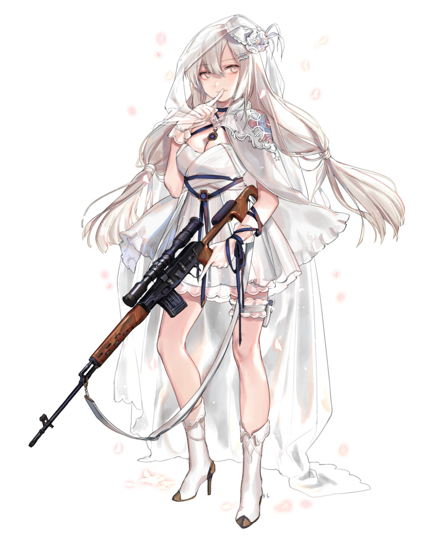 1girl absurdres blue_ribbon boots breasts bridal_veil cape character_request cleavage commentary dragunov_svd dress english_commentary eyebrows_visible_through_hair finger_to_face full_body girls_frontline gloves grey_eyes gun hair_between_eyes hair_ornament hairclip high_heel_boots high_heels highres holding holding_gun holding_weapon holster index_finger_raised large_breasts leg_garter long_hair looking_at_viewer low-tied_long_hair petals ribbon rifle shan silver_hair simple_background smile sniper_rifle solo standing strapless strapless_dress thigh_holster veil very_long_hair weapon white_background white_cape white_dress white_footwear white_gloves