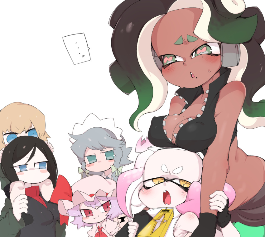 +_+ ... 6+girls :3 aqua_eyes aqua_legwear bare_shoulders bat_wings black_gloves black_hair black_shirt black_wings blonde_hair blue_eyes blush bow braid breast_rest breasts breasts_on_head carrying cleavage collared_shirt crop_top crossover dark_skin domino_mask erect_nipples fang fingerless_gloves forehead furrowed_eyebrows g_perarikku girls_und_panzer gloves gradient_hair green_bow green_eyes green_hair grey_hair grey_shorts groin hair_bow hand_on_another's_arm hat hat_ribbon hime_(splatoon) horizontal_pupils iida_(splatoon) izayoi_sakuya katyusha long_hair looking_at_another looking_up maid_headdress mask medium_breasts mob_cap mole mole_under_mouth multicolored_hair multiple_girls no_mouth no_pupils nonna octarian open_mouth pantyhose piggyback pink_hair pink_hat pink_pupils pink_shirt popped_collar pravda_school_uniform purple_hair red_eyes red_neckwear red_ribbon remilia_scarlet ribbon school_uniform shirt short_hair short_shorts shorts shoulder_blush simple_background sleeveless sleeveless_shirt speech_bubble splatoon splatoon_2 spoken_ellipsis suction_cups symbol-shaped_pupils tentacle_hair tongue touhou trait_connection triangle_mouth twin_braids two-tone_hair unzipped white_background white_hair wings yellow_eyes zipper zipper_pull_tab
