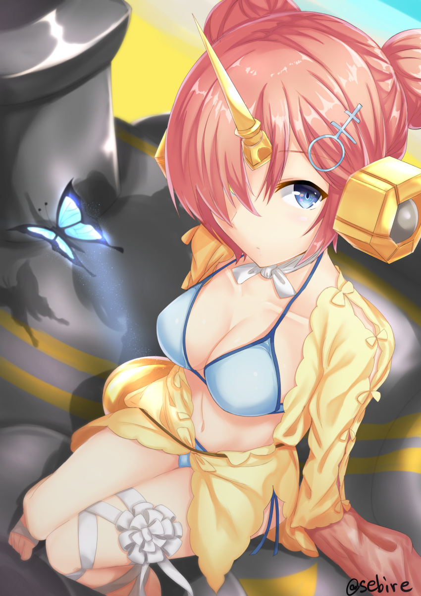 1boy 1girl bikini blue_bikini blue_eyes breasts bug butterfly charles_babbage_(fate/grand_order) cleavage closed_mouth collarbone commentary_request double_bun fate/grand_order fate_(series) feet frankenstein's_monster_(fate) frankenstein's_monster_(swimsuit_saber)_(fate) hair_ornament hair_over_one_eye hairclip headgear heterochromia highres horn insect jacket light_particles looking_at_viewer medium_breasts navel one_eye_covered pink_hair sebire shadow sitting sleeves_past_wrists swimsuit yellow_eyes yellow_jacket