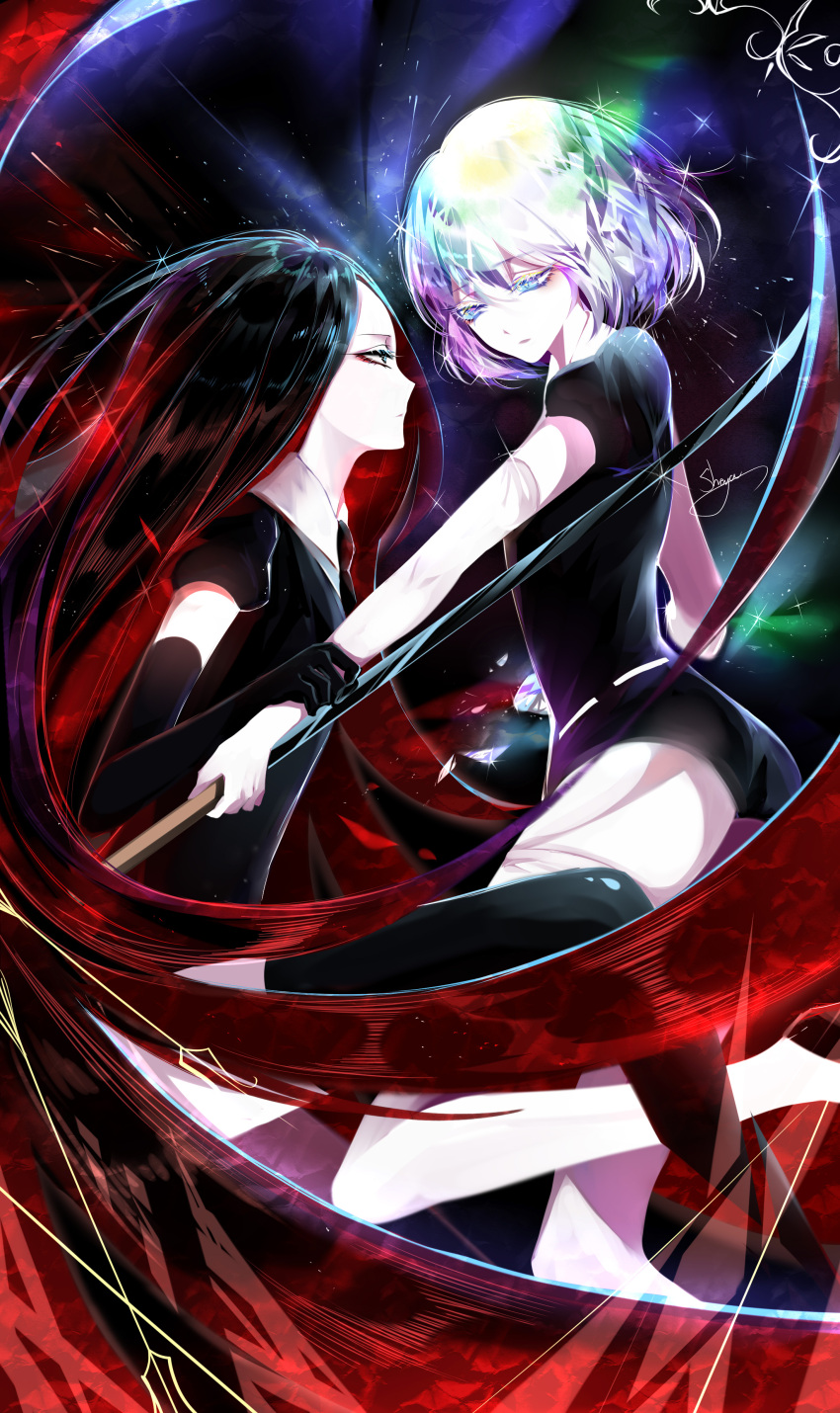 2others absurdres androgynous arm_grab artist_name ass black_gloves black_hair black_legwear black_neckwear black_shorts blue_eyes bort diamond_(houseki_no_kuni) elbow_gloves eye_contact eyebrows_visible_through_hair from_side gem_uniform_(houseki_no_kuni) gloves highres holding holding_sword holding_weapon houseki_no_kuni katana long_hair looking_at_another multicolored_hair multiple_others necktie parted_lips profile puffy_short_sleeves puffy_sleeves redhead sheya short_hair short_shorts short_sleeves shorts signature silver_hair sparkle streaked_hair sword thigh-highs weapon white_gloves