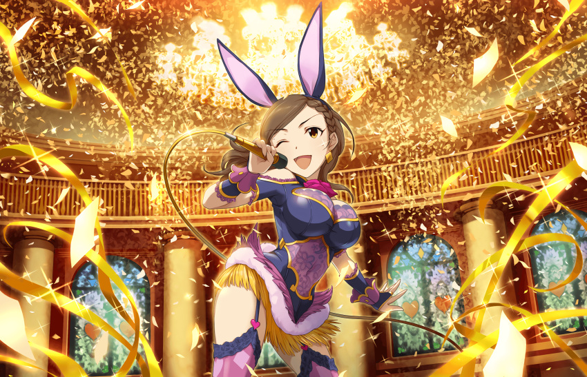 1girl ;d animal_ears artist_request bodysuit braid breasts brown_eyes brown_hair confetti detached_sleeves earrings fake_animal_ears feathers french_braid fur garter_straps gold highres hyoudou_rena idol idolmaster idolmaster_cinderella_girls idolmaster_cinderella_girls_starlight_stage jewelry large_breasts long_hair microphone music official_art one_eye_closed open_mouth rabbit_ears sexy_bunny_(idolmaster) shoulder_cutout singing smile solo sparkle stage thigh-highs
