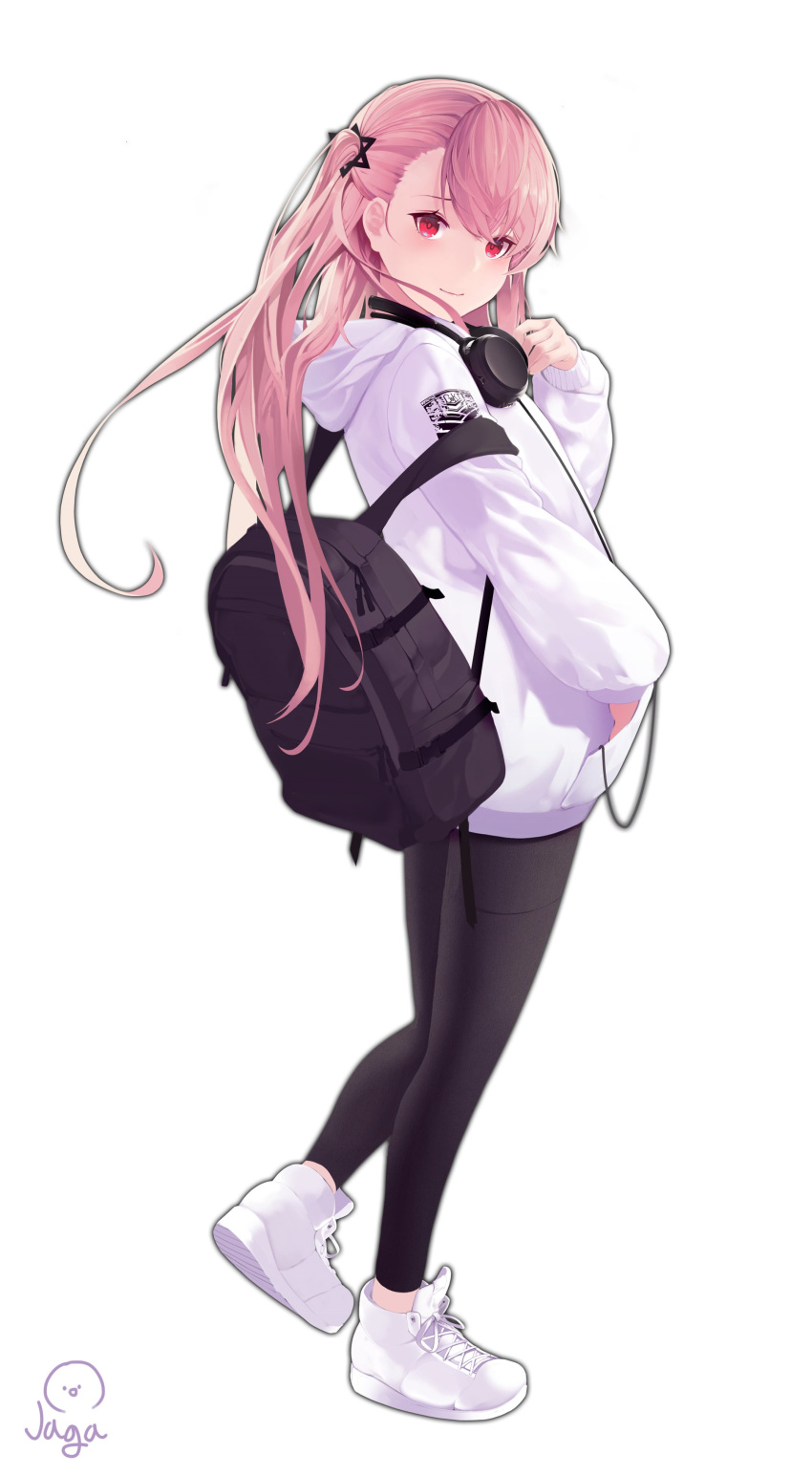 1girl absurdres alternate_costume alternate_hairstyle amejaga bag bangs black_pants blush breasts eyebrows_visible_through_hair girls_frontline hair_between_eyes hair_ornament hands_in_pockets headphones headphones_around_neck hexagram highres hood hood_down hooded_sweater long_hair looking_at_viewer negev_(girls_frontline) one_side_up pants pink_hair red_eyes shoes simple_background smile sneakers solo star_of_david sweater