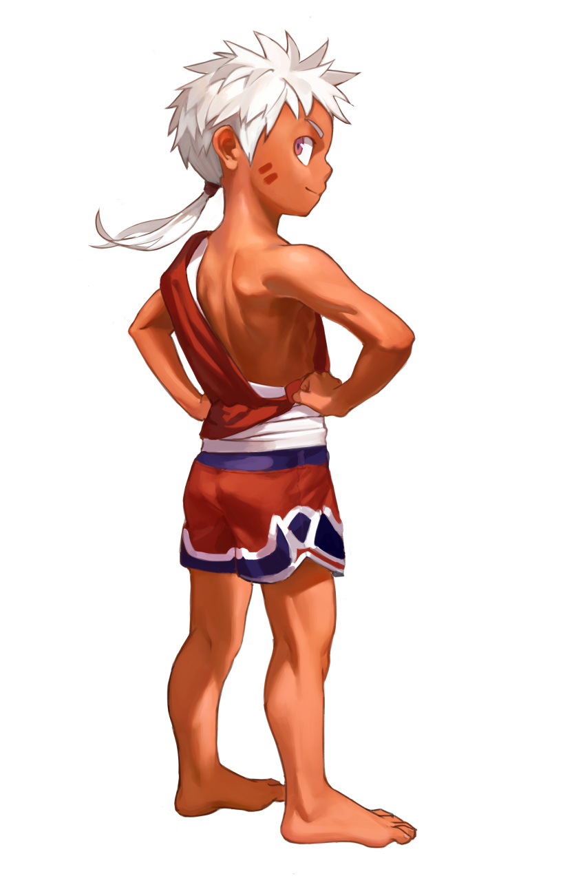 1boy absurdres barefoot dark_skin facial_mark feet highres long_hair looking_at_viewer looking_back male_focus original ponytail red_eyes shorts smile tan tank_top white_hair wu_genghui